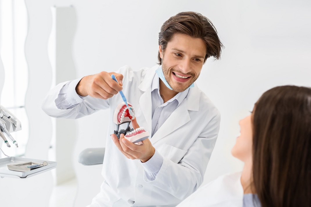 dentist showing patient teeth model